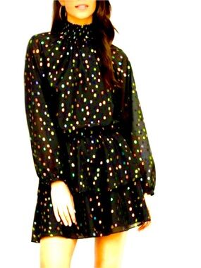 🆕#292~Yumi Kim Black Long Sleeve Mini w\ Multicolor Metallic Polka Dots, Small